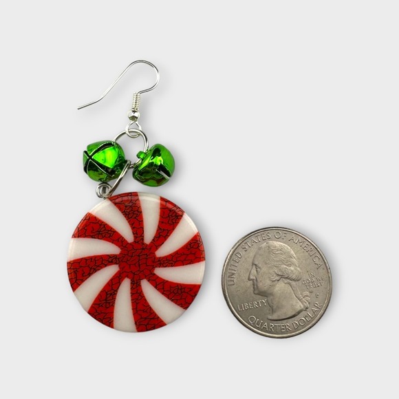 Peppermint Swirl Earrings with Green Jingle Bells - Picture 5 of 5